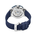 MINI Cooper watch with Skeleton Wheel Dial Silicone Strap - Blue and stainless steel back view