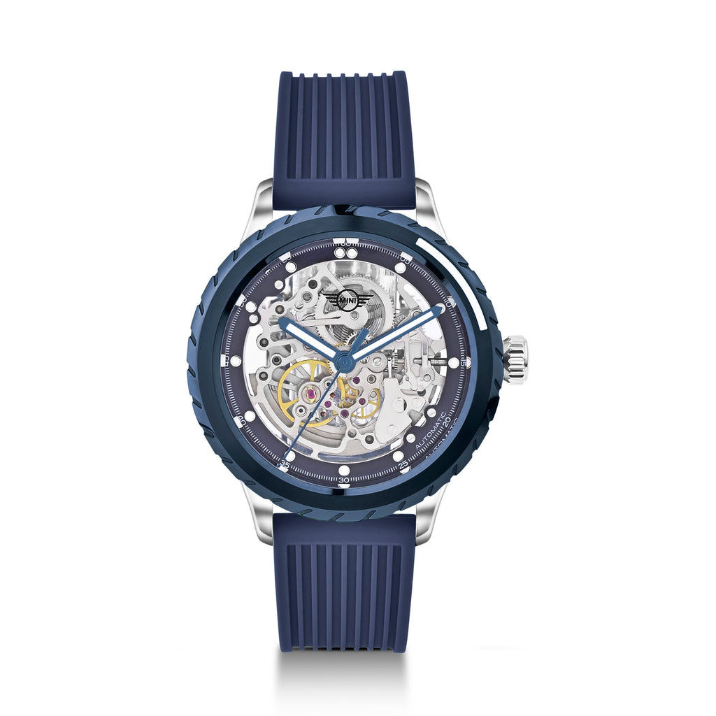 MINI Cooper Skeleton Wheel Dial Silicone Strap - Blue watch with transparent dial and blue silicone band