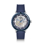 MINI Cooper Skeleton Wheel Dial Silicone Strap - Blue watch with transparent dial and blue silicone band