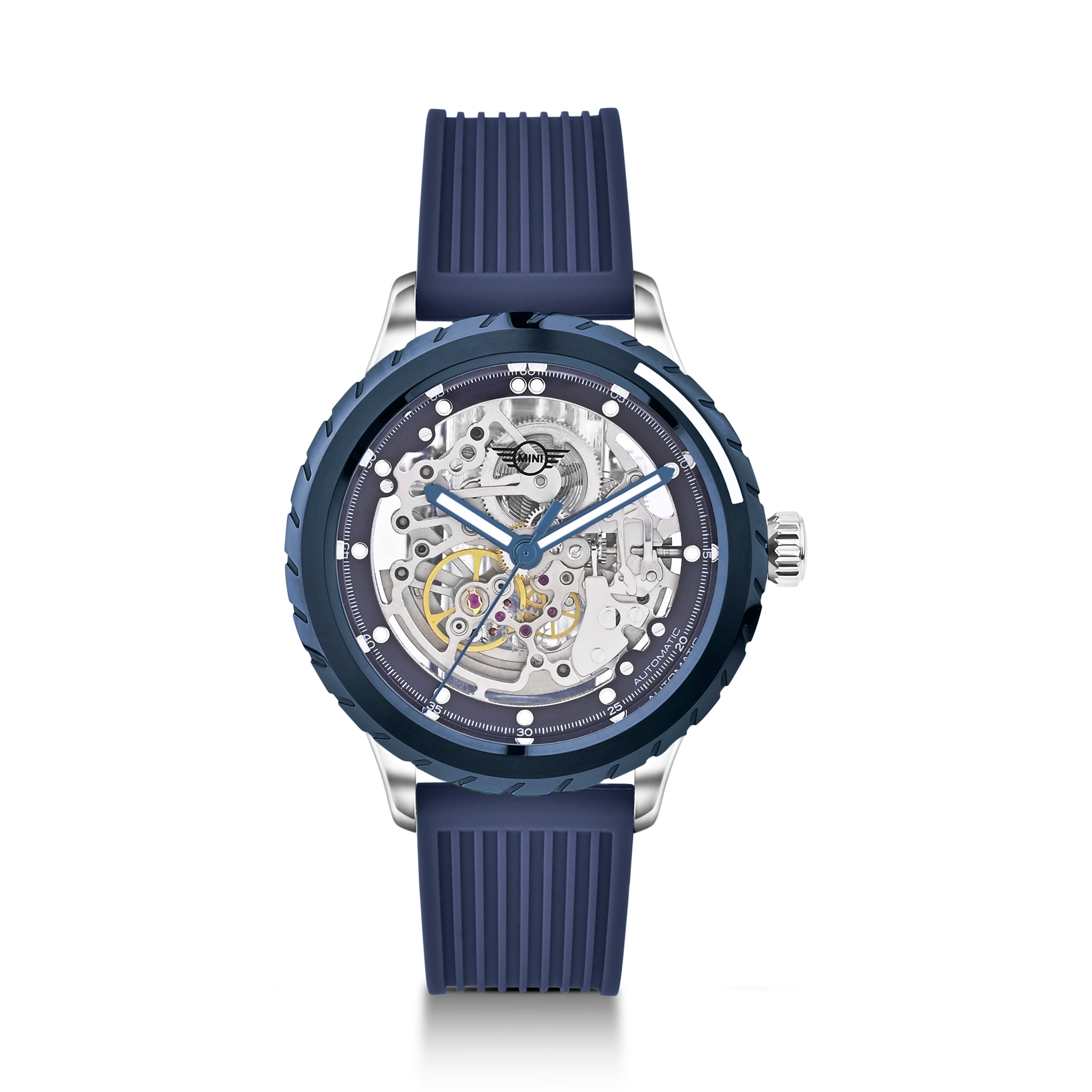 MINI Cooper Skeleton Wheel Dial Silicone Strap - Blue watch with transparent dial and blue silicone band